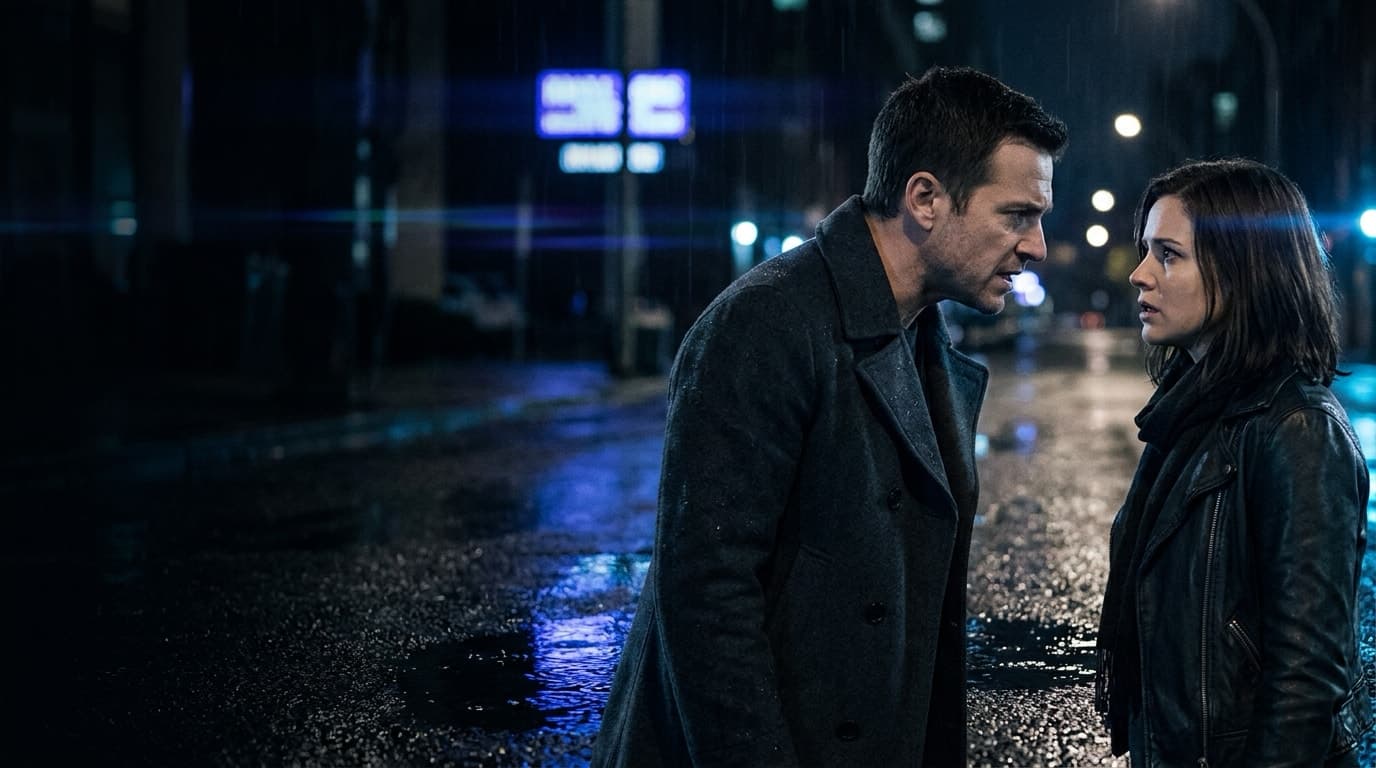 Campaign frame: two people facing each other on a wet street at night, neon behind them