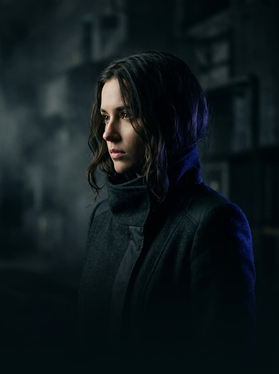 Campaign frame: a woman in a dark coat lit from the side, standing in an unlit street
