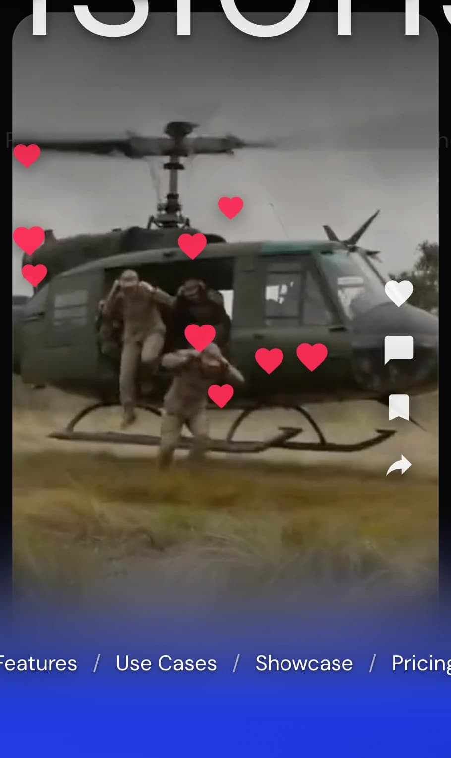 Hearts climbing an arc across the phone-shaped window after a tap