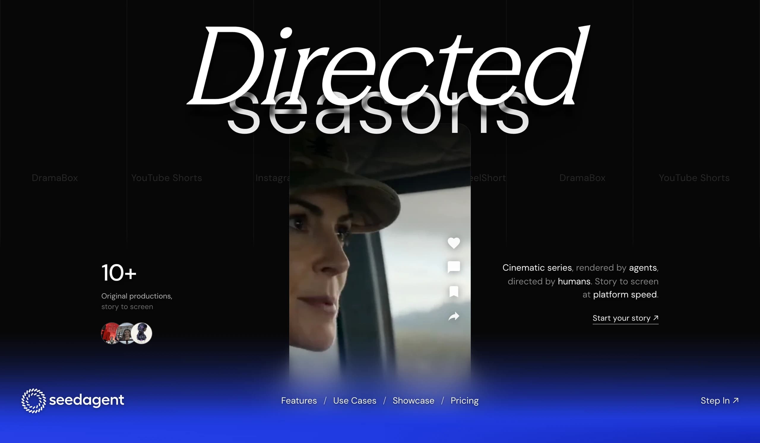The landing page we built for SeedAgent: the word Directed set in a serif over the typed word seasons, a phone-shaped window onto their footage, and an electric indigo band melting up through the glass