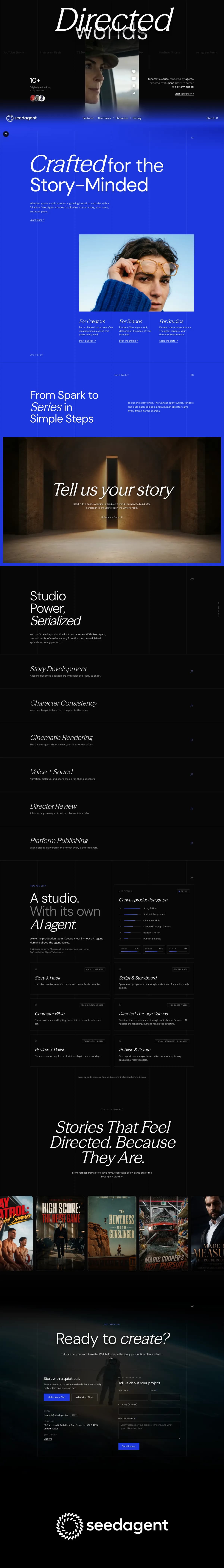 The complete landing page rendered end to end, from the hero through the blue field, the light shaft, the rows, the pipeline, the poster row, the contact block and the closing lockup