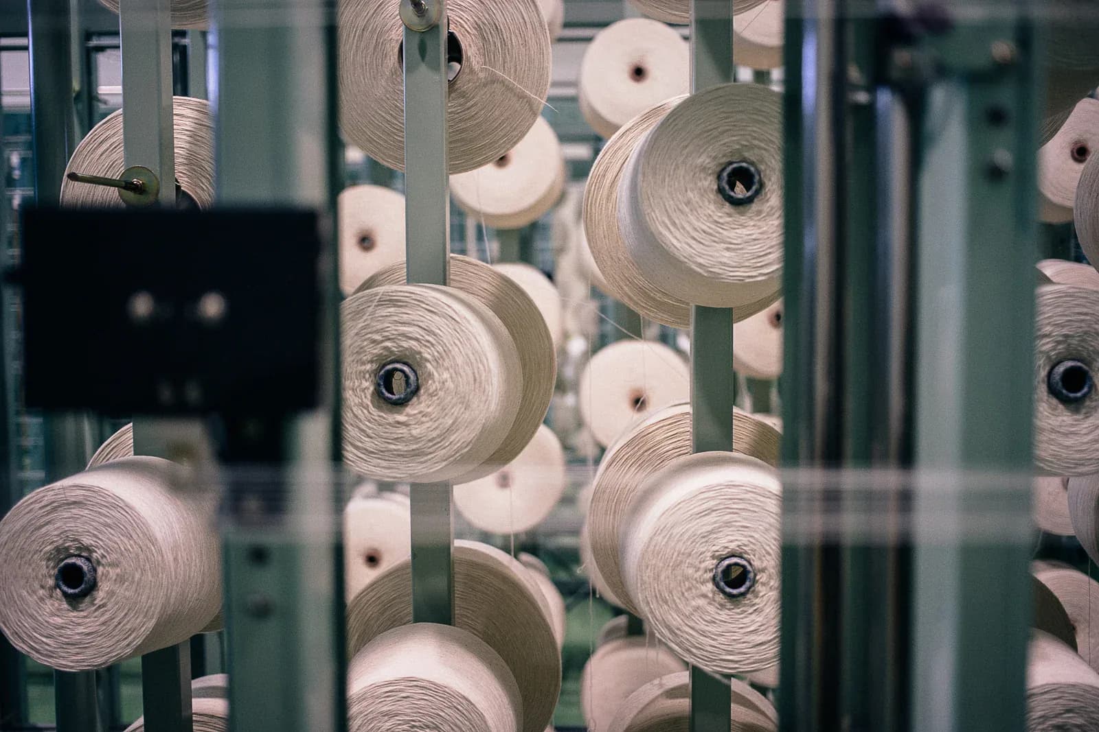 Cones of undyed cotton yarn stacked on a warping creel behind glass at Kuroki Mills