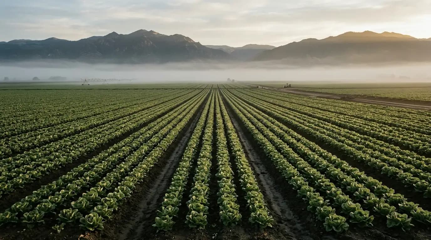 Salinas Valley farm fields at dawn: ordered rows of lettuce receding toward low fog, dark soil, distant Gabilan mountains, first warm light
