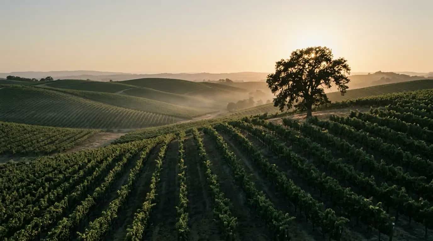 Rolling Paso Robles vineyard hills at golden hour, vine rows curving over the hills toward a lone oak tree silhouetted in warm, hazy low sun