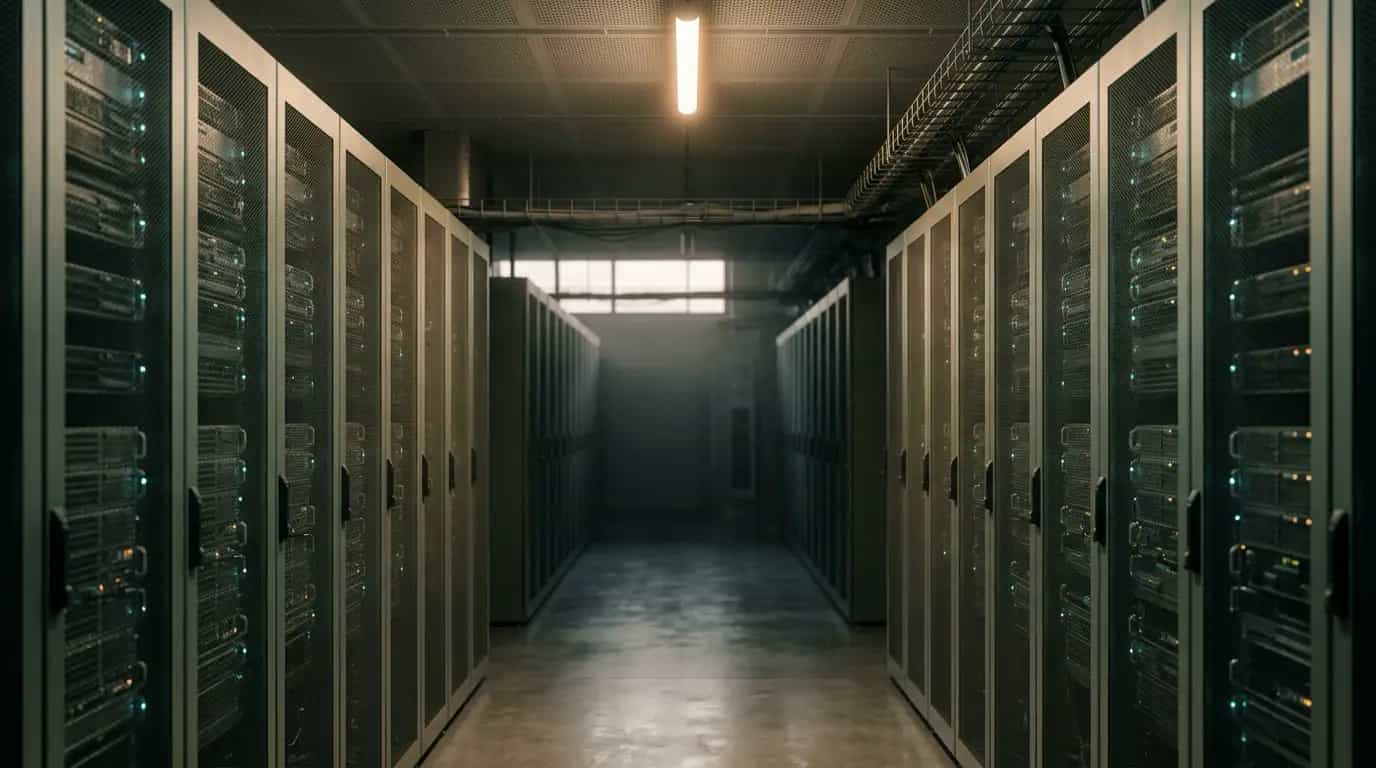 Modern data center aisle with shallow depth of field: rows of server racks with soft blue-green status glow fading into darkness, single warm light source