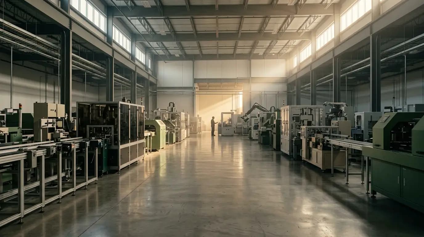 Clean modern manufacturing floor with shafts of morning light: precise machinery lines, polished concrete, one distant worker silhouette