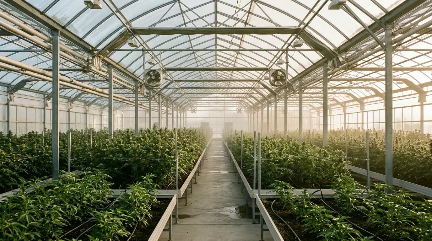 Interior of a modern cannabis cultivation greenhouse: rows of healthy green plants under diffused natural light through glass, soft morning glow