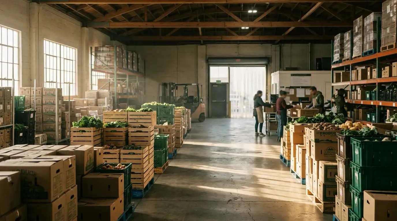 Community food bank warehouse in soft morning light: neatly stacked produce crates and boxes, volunteers as distant blurred figures, shafts of window light