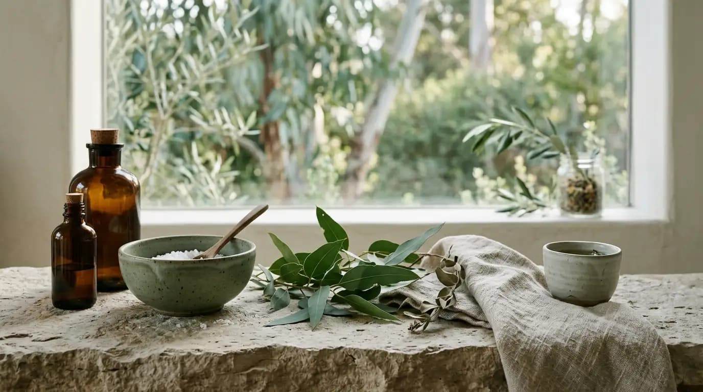 Wellness still life in morning light: natural stone surface with eucalyptus sprigs, unlabeled amber glass bottles and ceramic bowls, linen texture
