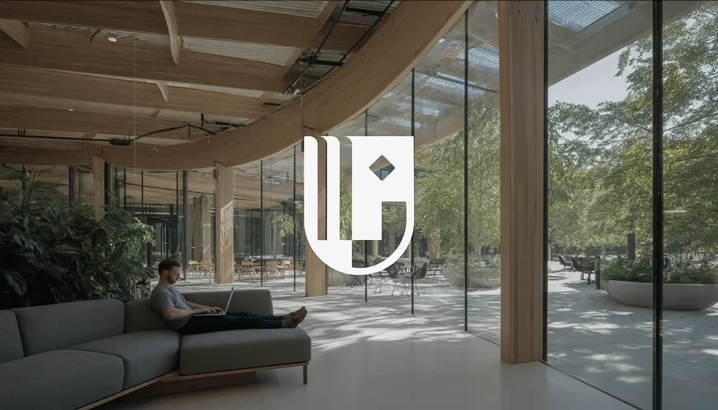 A timber-framed campus building interior with the institute monogram overlaid, looking through full-height glass onto a planted courtyard.