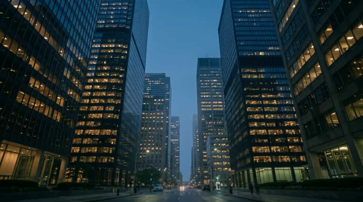 Financial district glass towers at blue hour from street level looking up: warm window lights against deep blue sky, subtle reflections