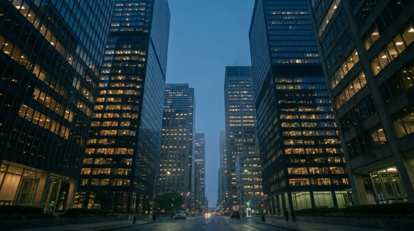 Financial district glass towers at blue hour from street level looking up: warm window lights against deep blue sky, subtle reflections