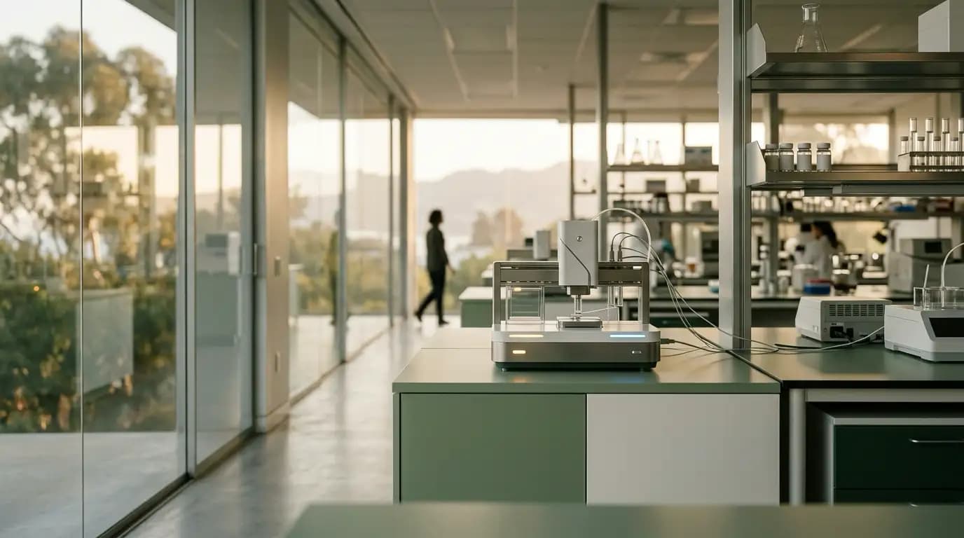 Modern medical technology lab detail: clean white and sage surfaces, precise diagnostic device with soft indicator light, glass partitions, diffused daylight