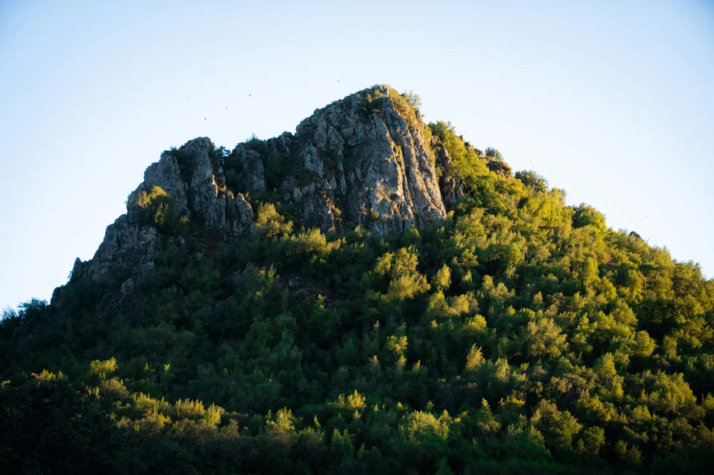 A rocky peak above oak and brush hillsides, lit low and gold at sunrise
