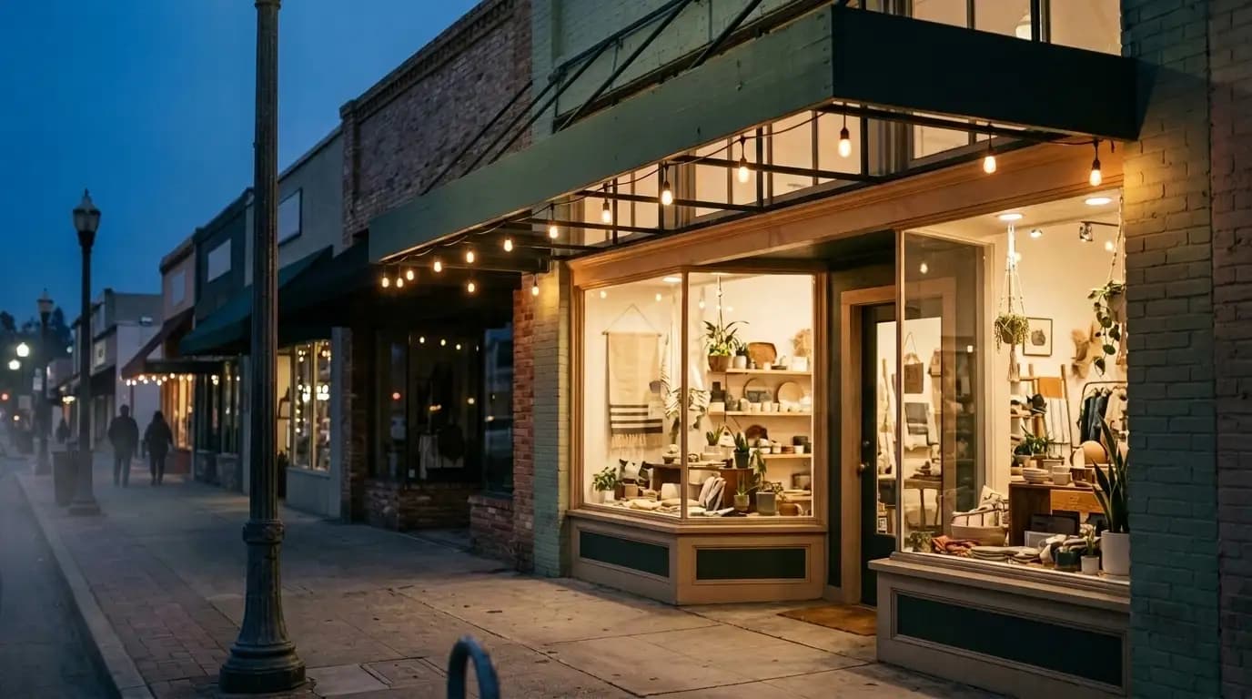 Small-town California main street boutique storefront at dusk, its display window glowing warm under an awning strung with lights at blue hour