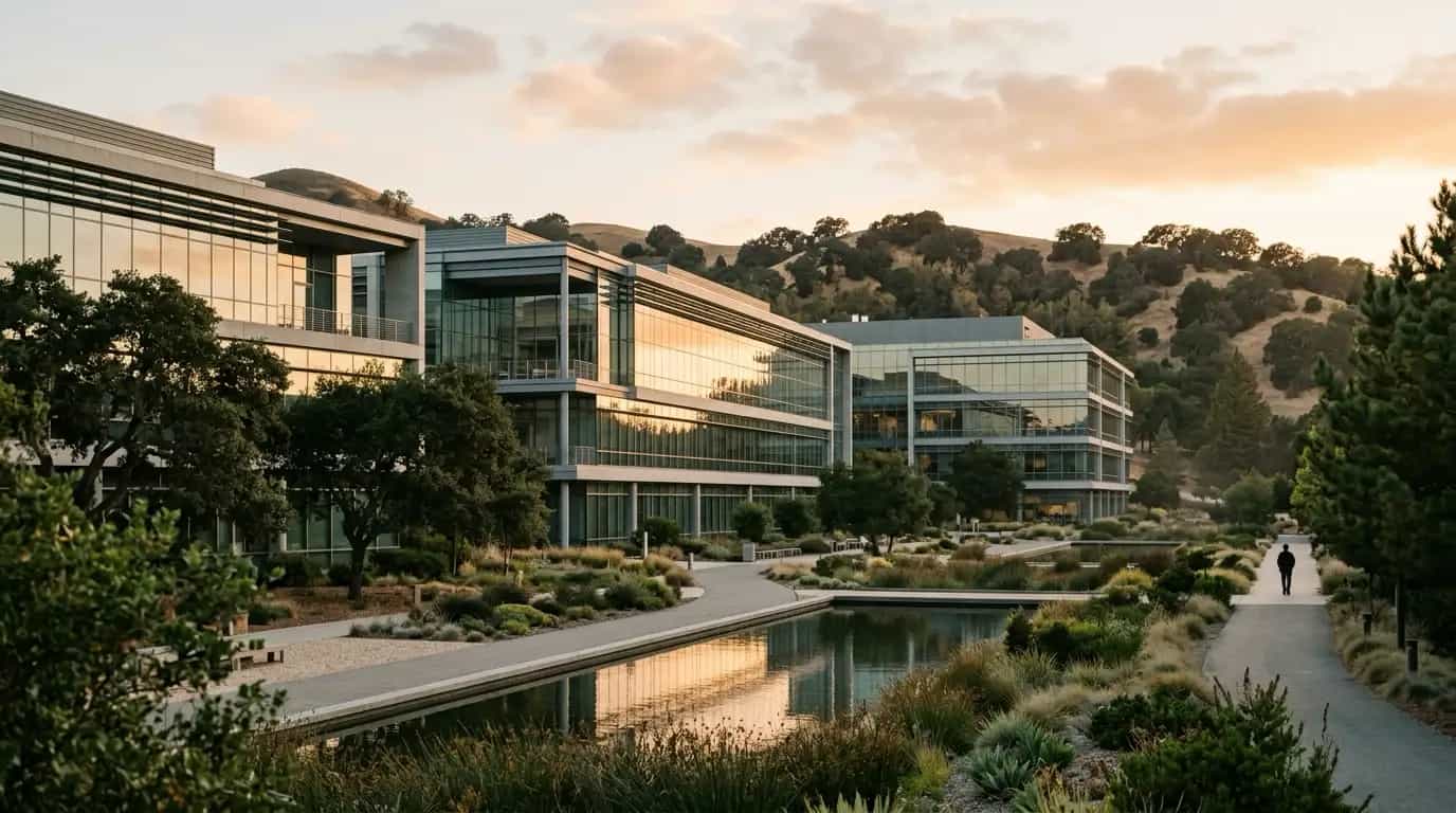 Glass office campus architecture at golden hour: clean reflective facades mirroring warm sky and oak hills, geometric composition, one distant person