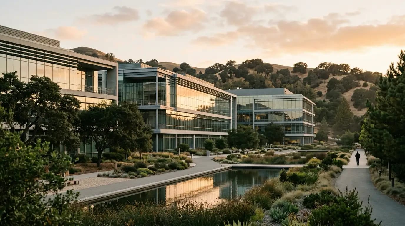 Glass office campus architecture at golden hour: clean reflective facades mirroring warm sky and oak hills, geometric composition, one distant person