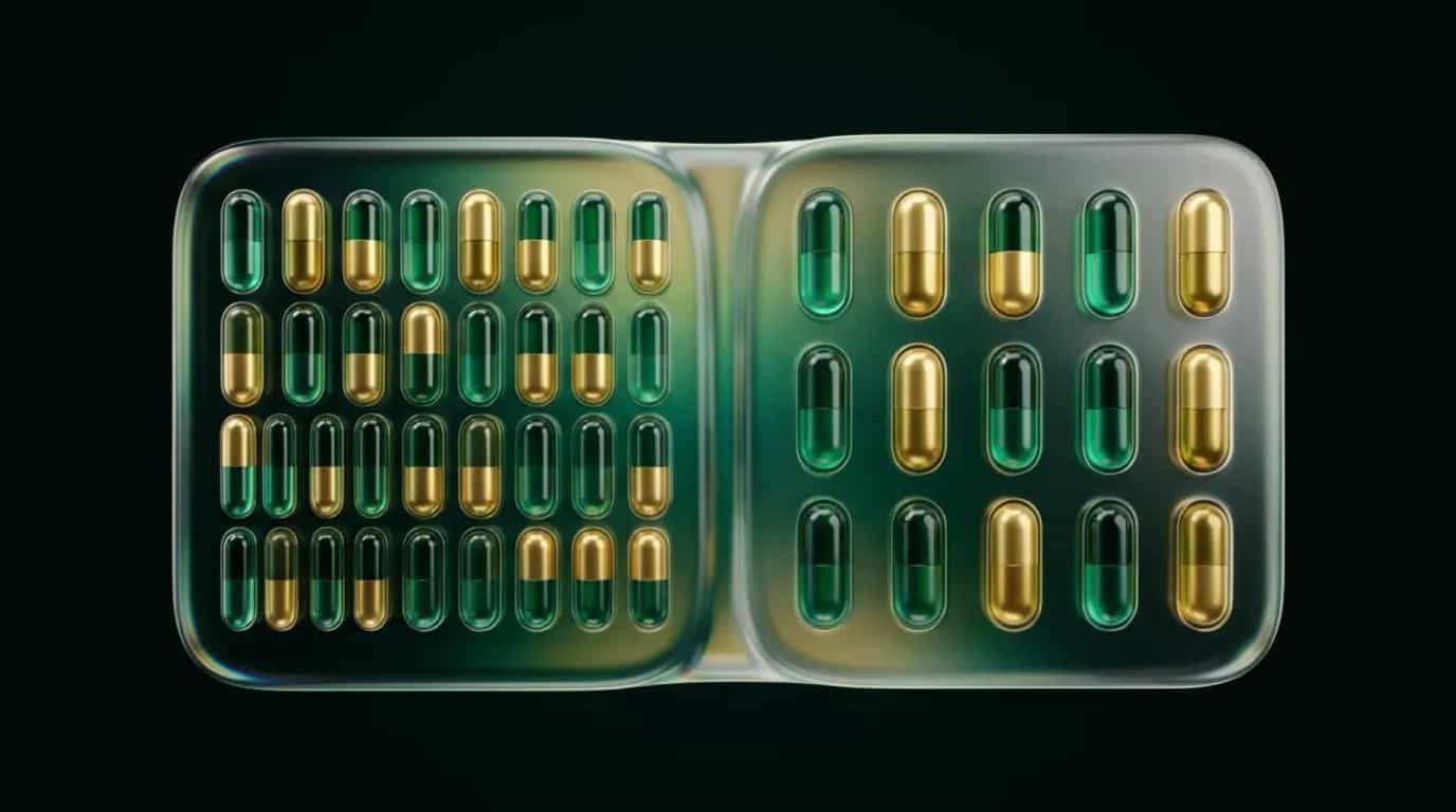 Abstract glass artwork: two interlocking translucent green and amber forms balanced against each other, suggesting a weighed decision between two options