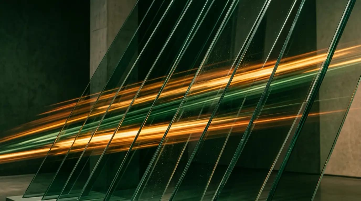 Abstract glass artwork: long-exposure streaks of green and amber light shooting through steeply angled parallel glass blades, suggesting speed and forward motion