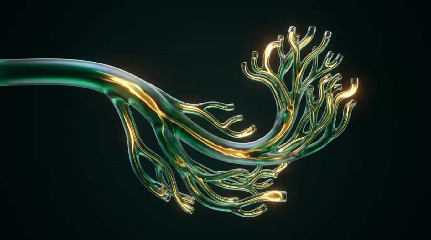 Abstract liquid-glass render: a single glass conduit branching into dozens of smaller emerald-and-gold tubes, each ending in an open, lit tip, on a near-black background.