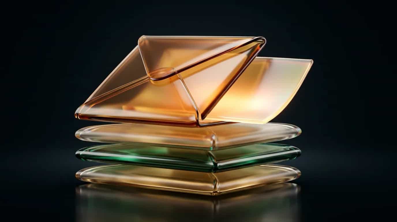 Abstract liquid-glass render: an amber glass envelope with its flap lifted open, resting on a stack of three rounded glass trays tinted gold and emerald, on a near-black background.