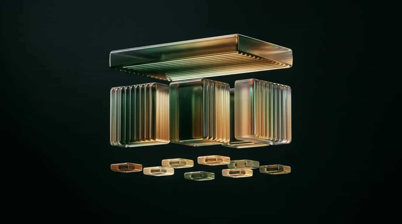 Abstract glass artwork: a floating tiered hierarchy of fluted glass — one wide slab above three ribbed blocks above a row of small tiles — in deep forest green shifting to warm amber and gold
