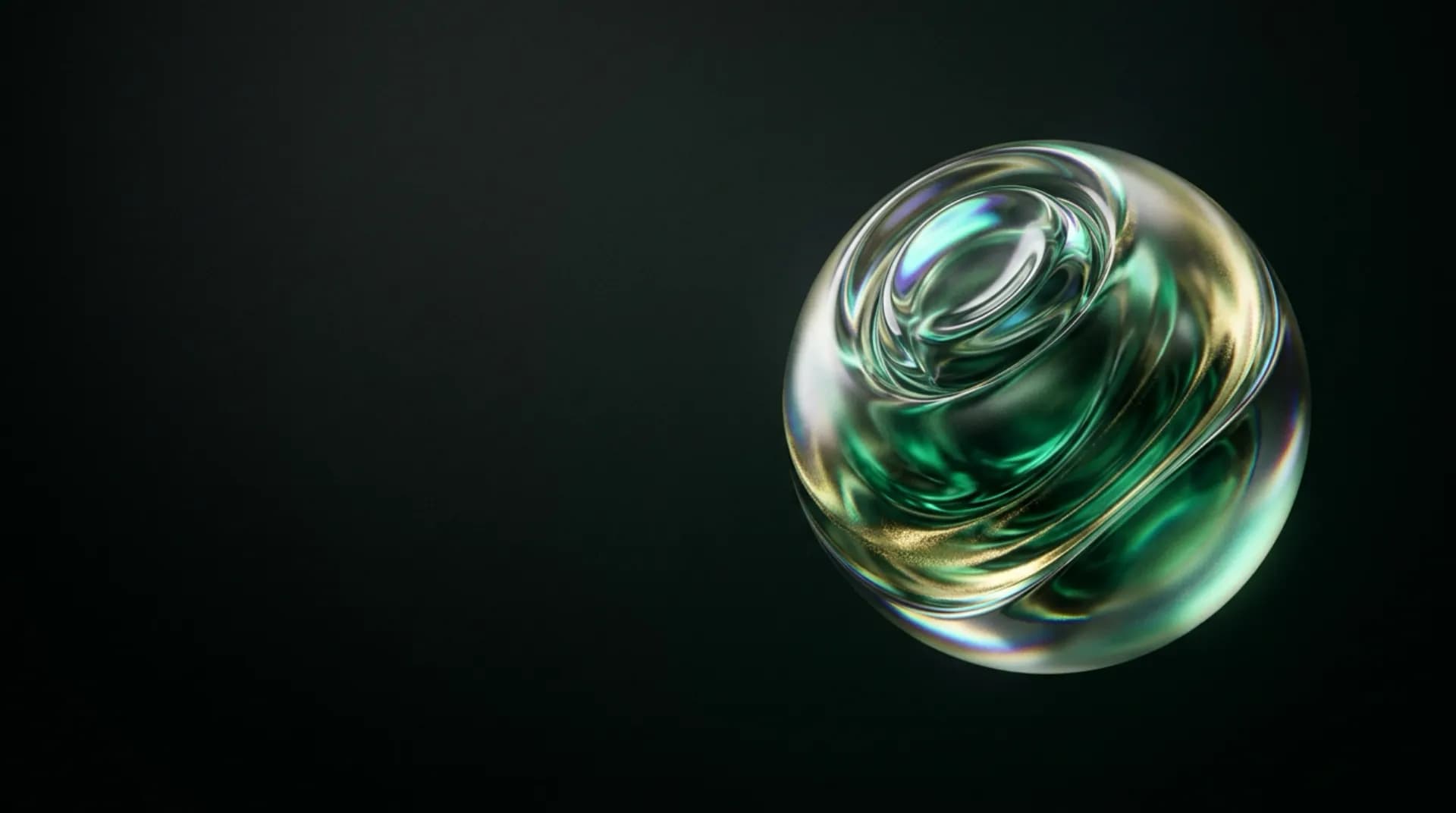 Abstract fractal-glass artwork of translucent emerald and amber forms looping back on themselves like a closed revenue circuit, catching thin lines of light on a dark background