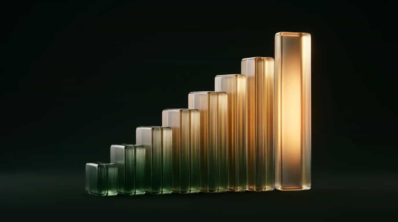 Abstract glass artwork: a row of fluted glass slats ascending like a bar chart, grading from deep forest green into warm amber and gold, the tallest slat glowing