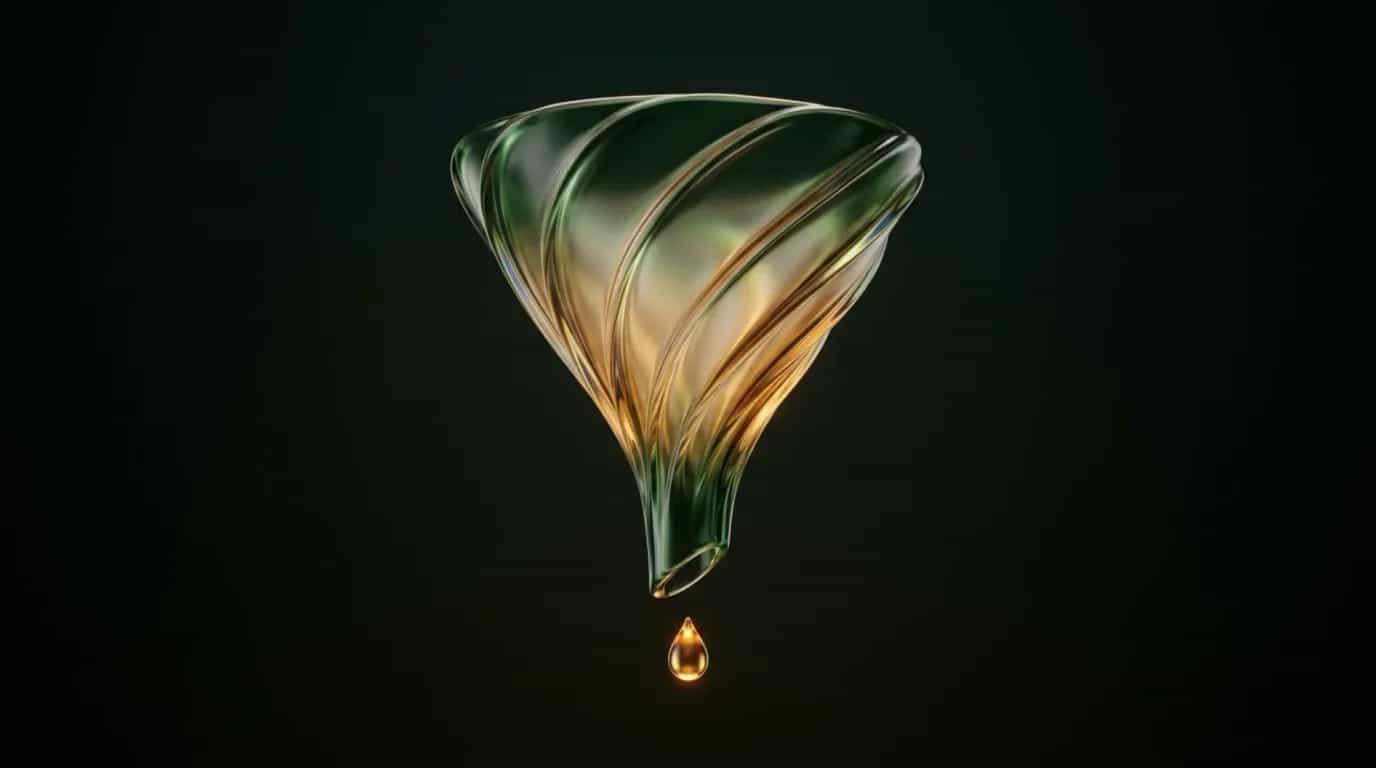 Abstract glass artwork: a sculpted translucent glass funnel with curved fluted vanes, deep forest green at the rim shifting to amber and gold at the spout, a single glowing gold droplet suspended beneath it