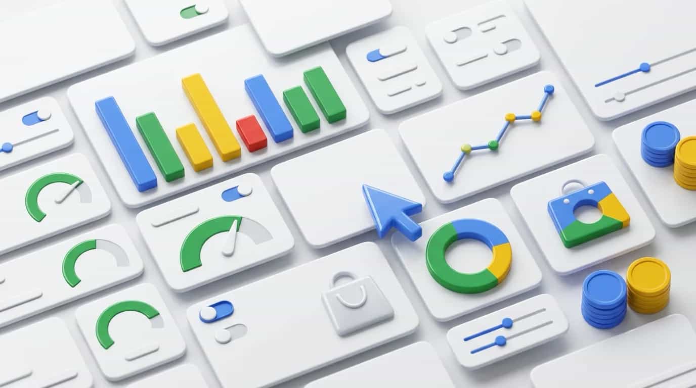 3D illustration in the Google Ads style: white dashboard cards with bar and line charts, gauges, coin stacks, and a blue cursor arrow.