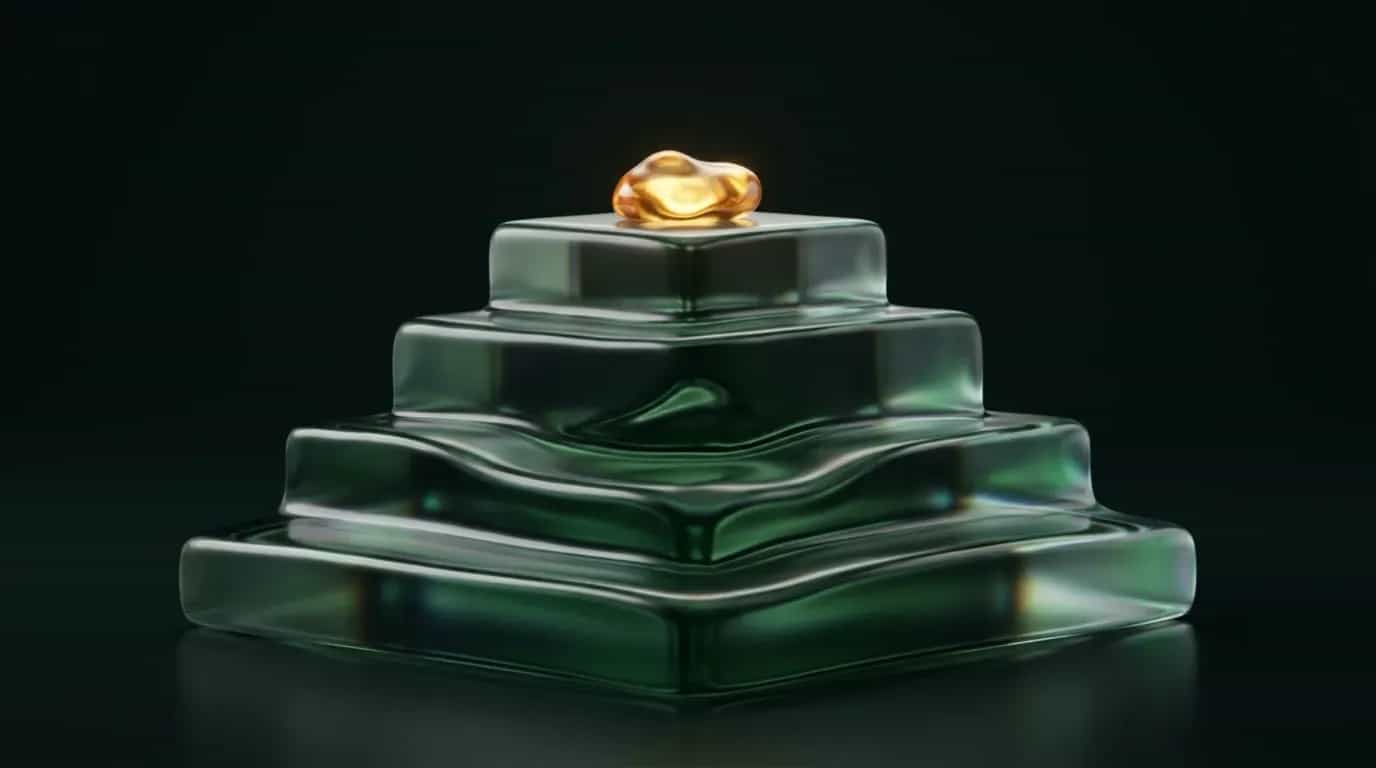 Abstract liquid-glass render: a four-tier stack of thick forest-green glass steps rising like a podium, with a small glowing molten-gold glass form resting on the top step, on a near-black background.
