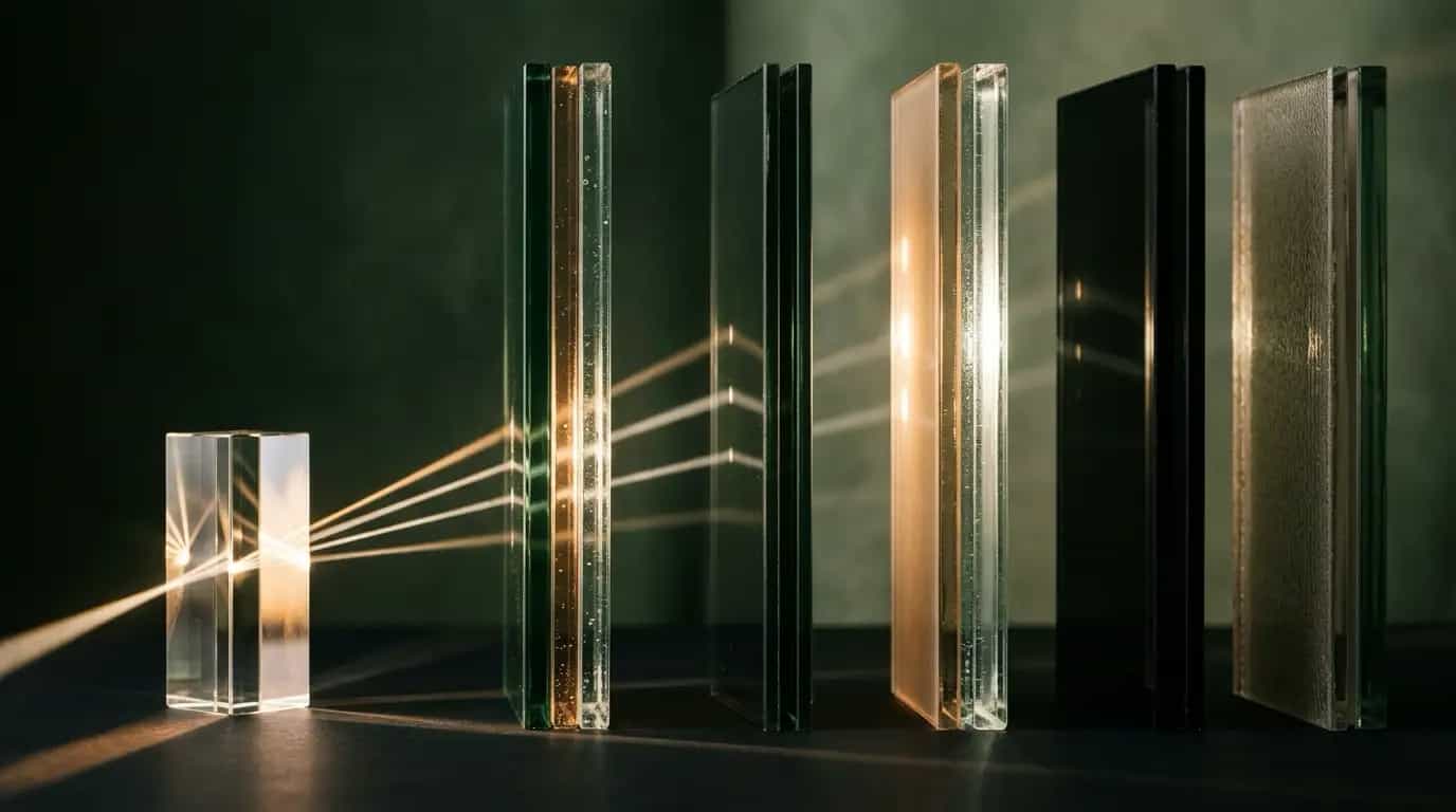 Abstract artwork of a crystal prism splitting one beam of warm light into precise ordered rays that pass through a row of tall layered glass panels, illuminating some panels while others stay dark