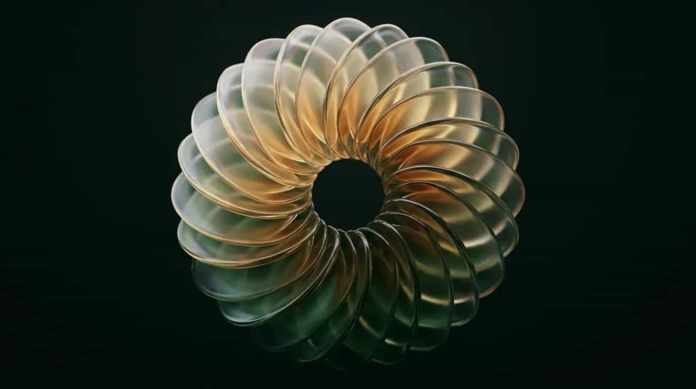 Abstract glass artwork: angled translucent green and amber panels stacked like a funnel narrowing toward a single bright point
