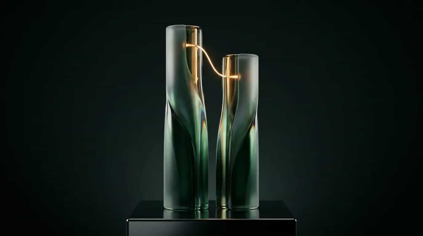 Abstract liquid-glass render: two tall emerald glass columns of almost equal height on a dark plinth, one taller than the other, the gap between their tops bridged by a thin filament of gold light.