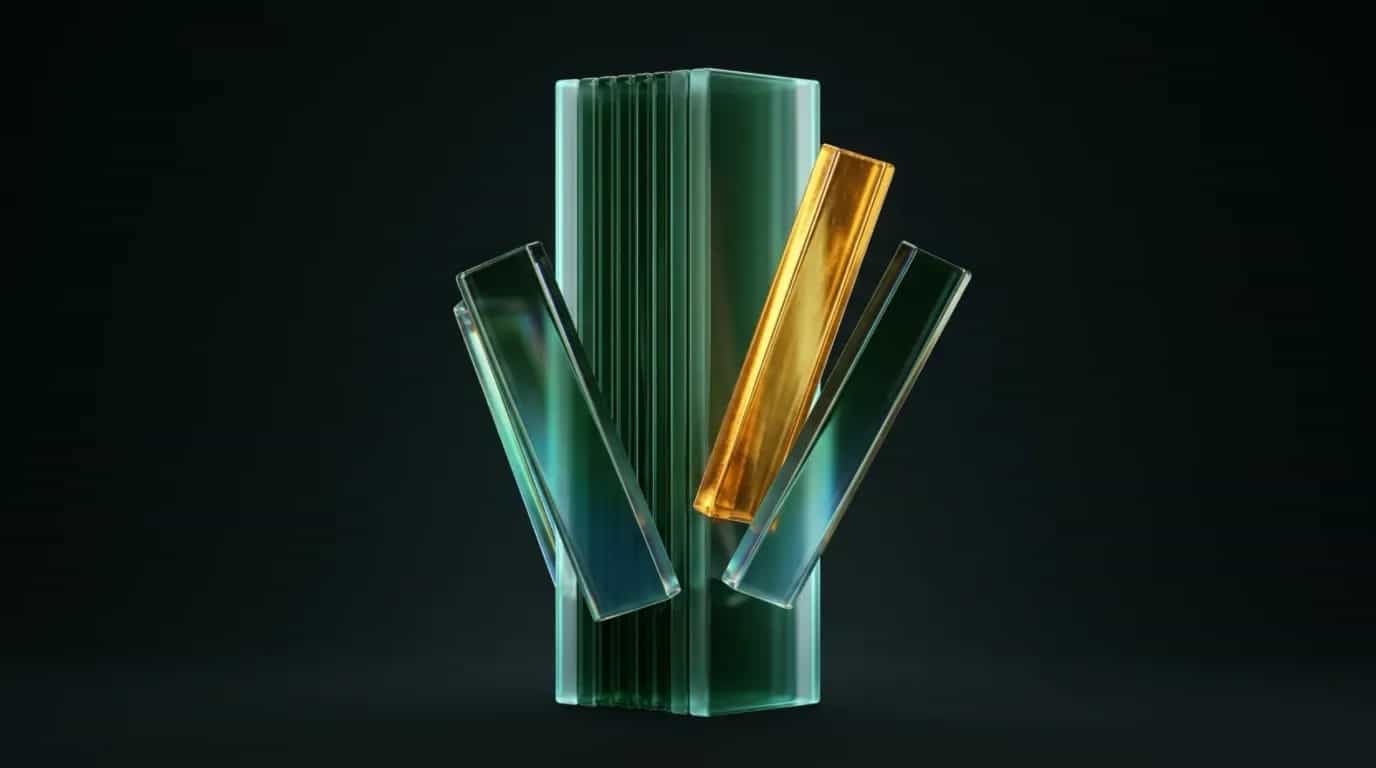 Abstract liquid-glass render: a column of stacked deep-green glass slats with three slats slipped loose and fanned out at broken angles, one of them molten gold, on a near-black background.