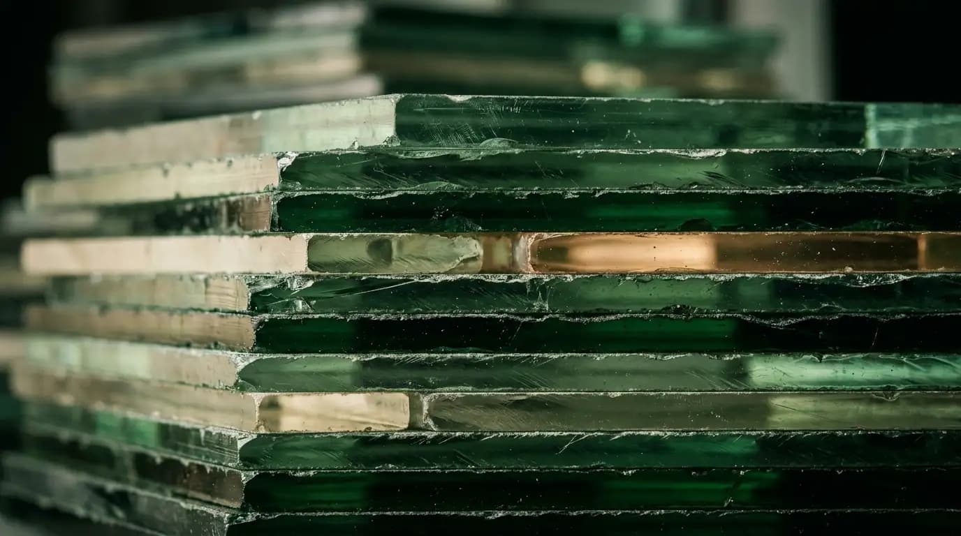 Abstract artwork of thick glass slabs stacked in horizontal strata, each layer tinted a slightly different tone from deep forest green to pale sage, interlocking like geological layers with light seeping between the seams