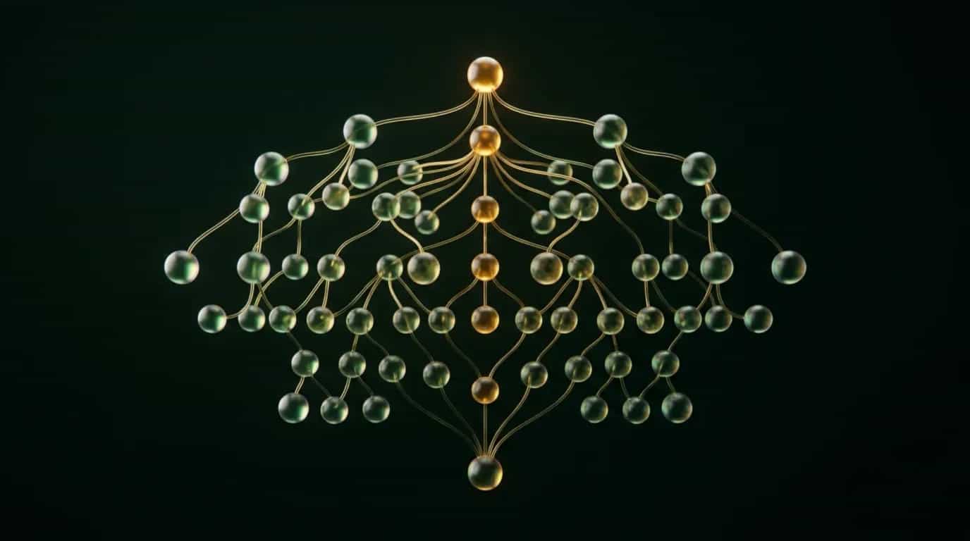Abstract glass artwork: translucent green and amber panels arranged as a branching chain of connected nodes, suggesting an automation workflow