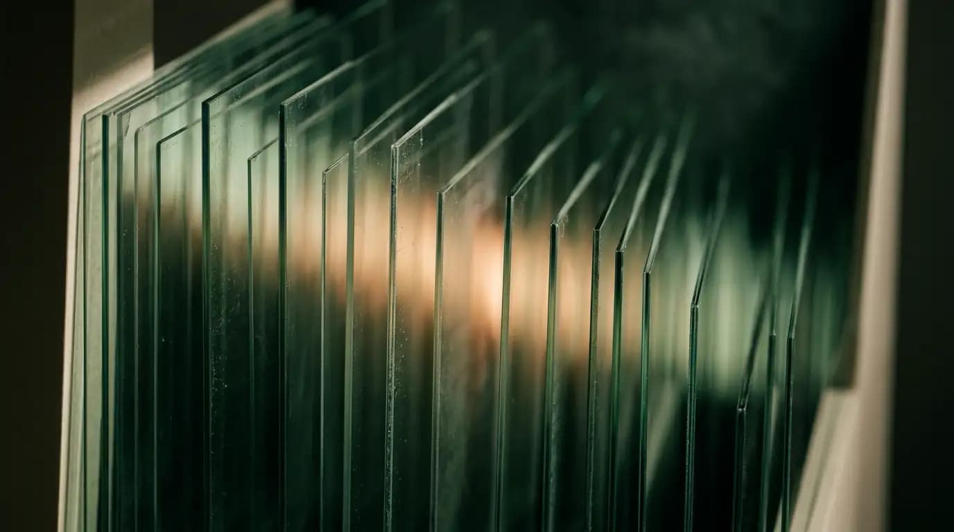 Abstract artwork of parallel translucent glass panes receding into depth, a warm amber glow travelling between them like a signal passed pane to pane, with soft sage reflections