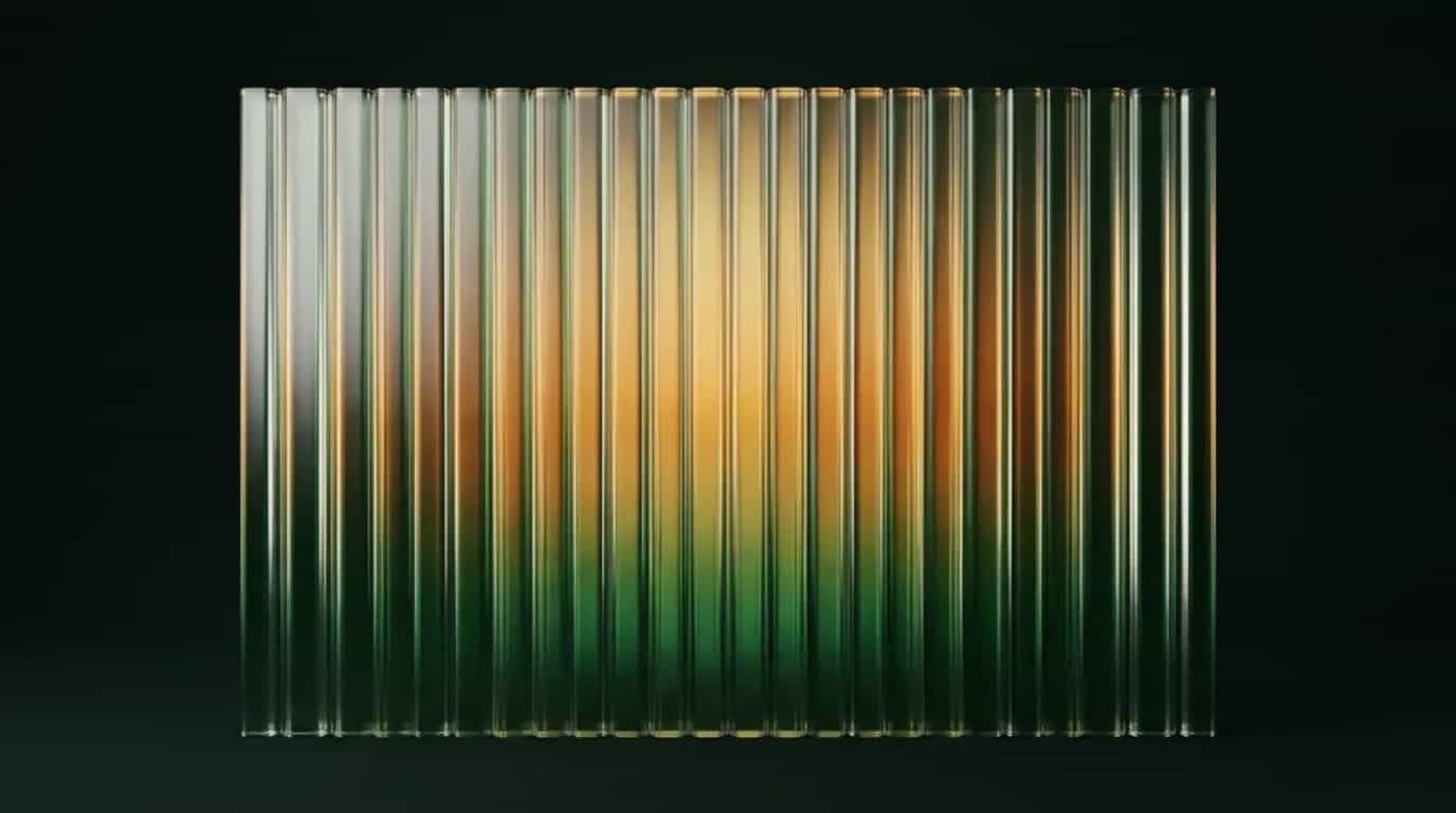 Abstract glass artwork: overlapping translucent green and amber panels arranged as concentric rings, suggesting a targeting radius drawn over a map