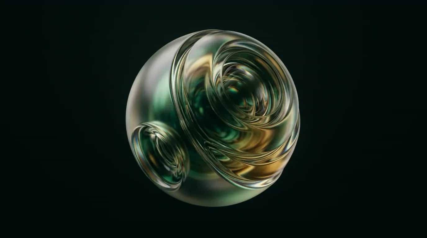 Abstract glass artwork: layered translucent green and amber panels arranged like a lit interior seen through a wide window, suggesting a photographed room