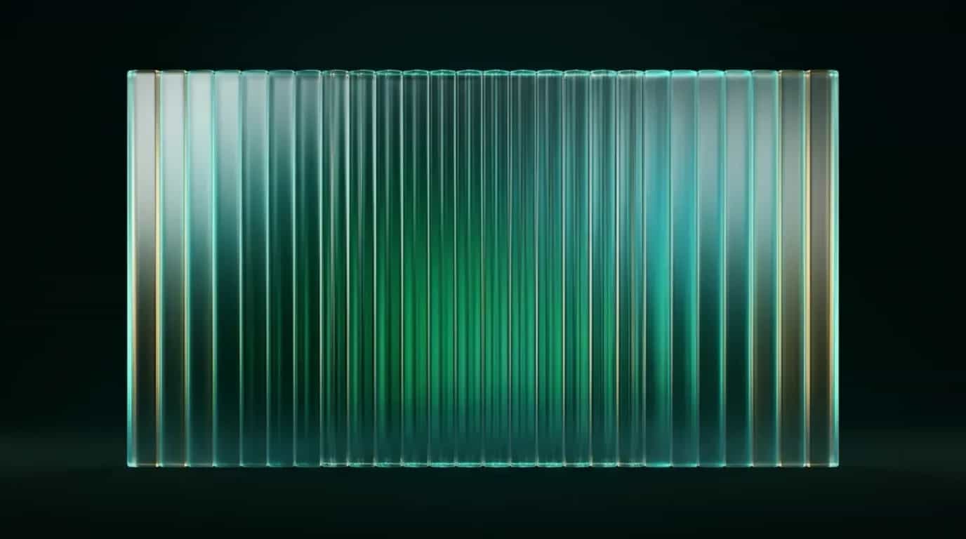 Abstract glass artwork: translucent green and amber panels stacked like frames on a filmstrip, one panel lit brighter than the rest