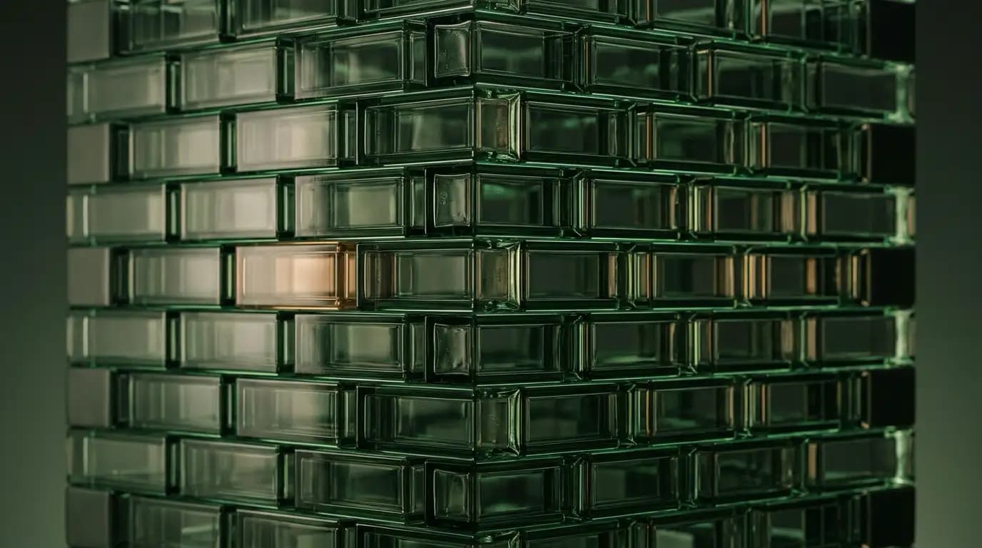 Abstract artwork of interlocking rectangular glass blocks forming a precise three-dimensional lattice, their edges catching thin lines of emerald and warm light