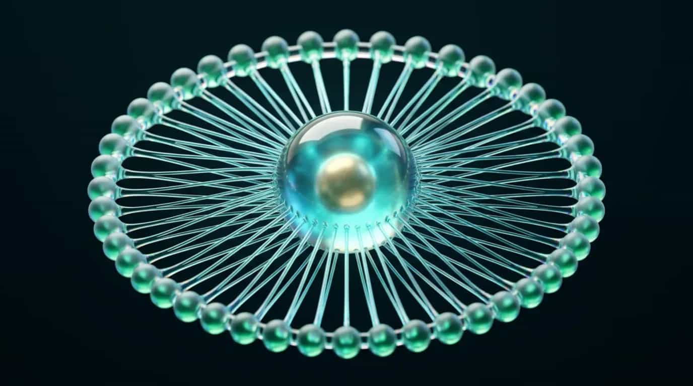Abstract liquid-glass render: a wide glass wheel whose aqua spokes run from a rim of small green glass beads into a central teal orb holding a gold core, on a near-black background.