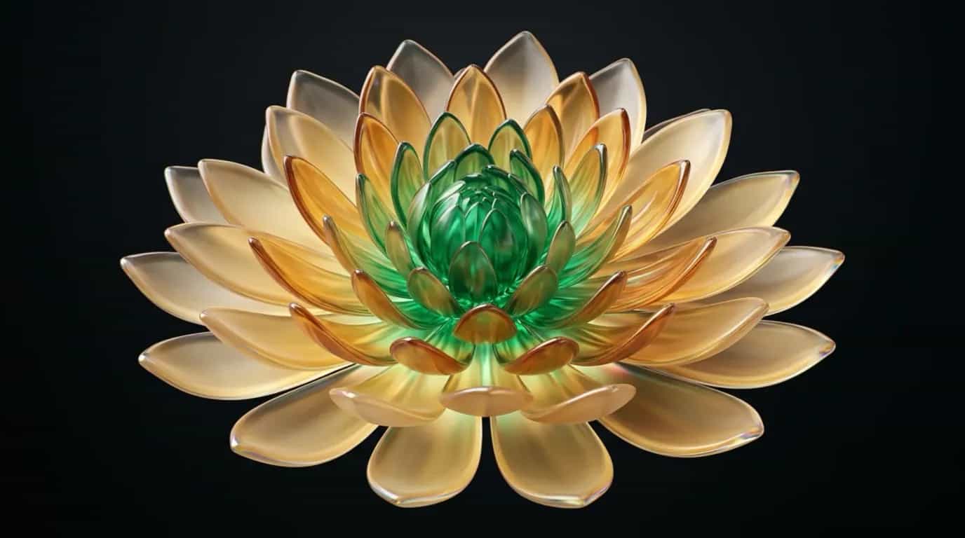 Abstract glass artwork: warm amber and deep green translucent forms folded like a stack of plated layers, suggesting a service pass viewed through frosted glass