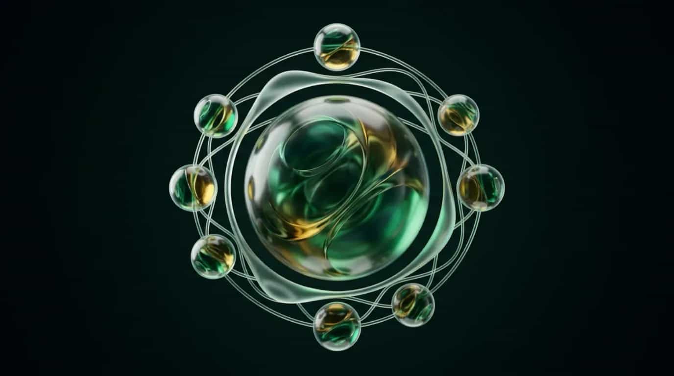 Abstract liquid-glass render: a large translucent green-and-gold glass orb at the center, ringed by eight smaller glass spheres traveling on thin orbital glass filaments, on a near-black background.