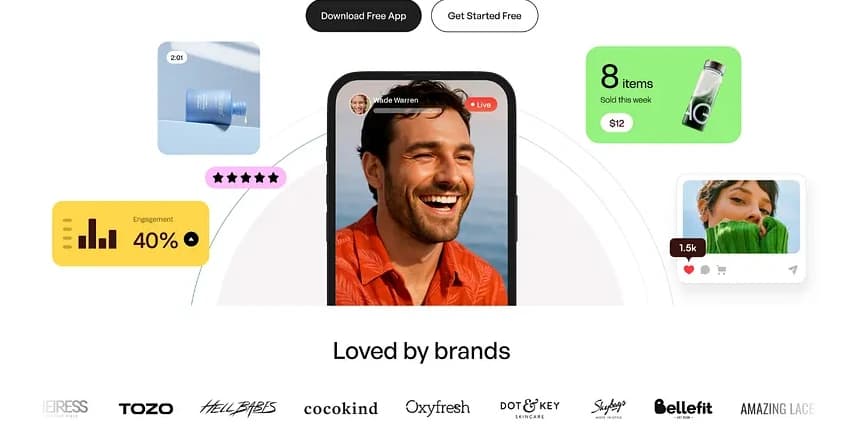 The shoppable-video product page: a live-host video with real-time engagement, a sold-this-week counter, and D2C brand logos