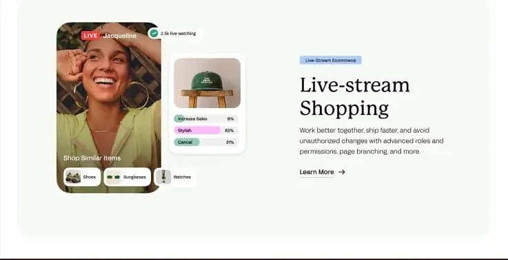 Live-stream shopping interface with a live host, shop-similar-items row, and real-time product engagement
