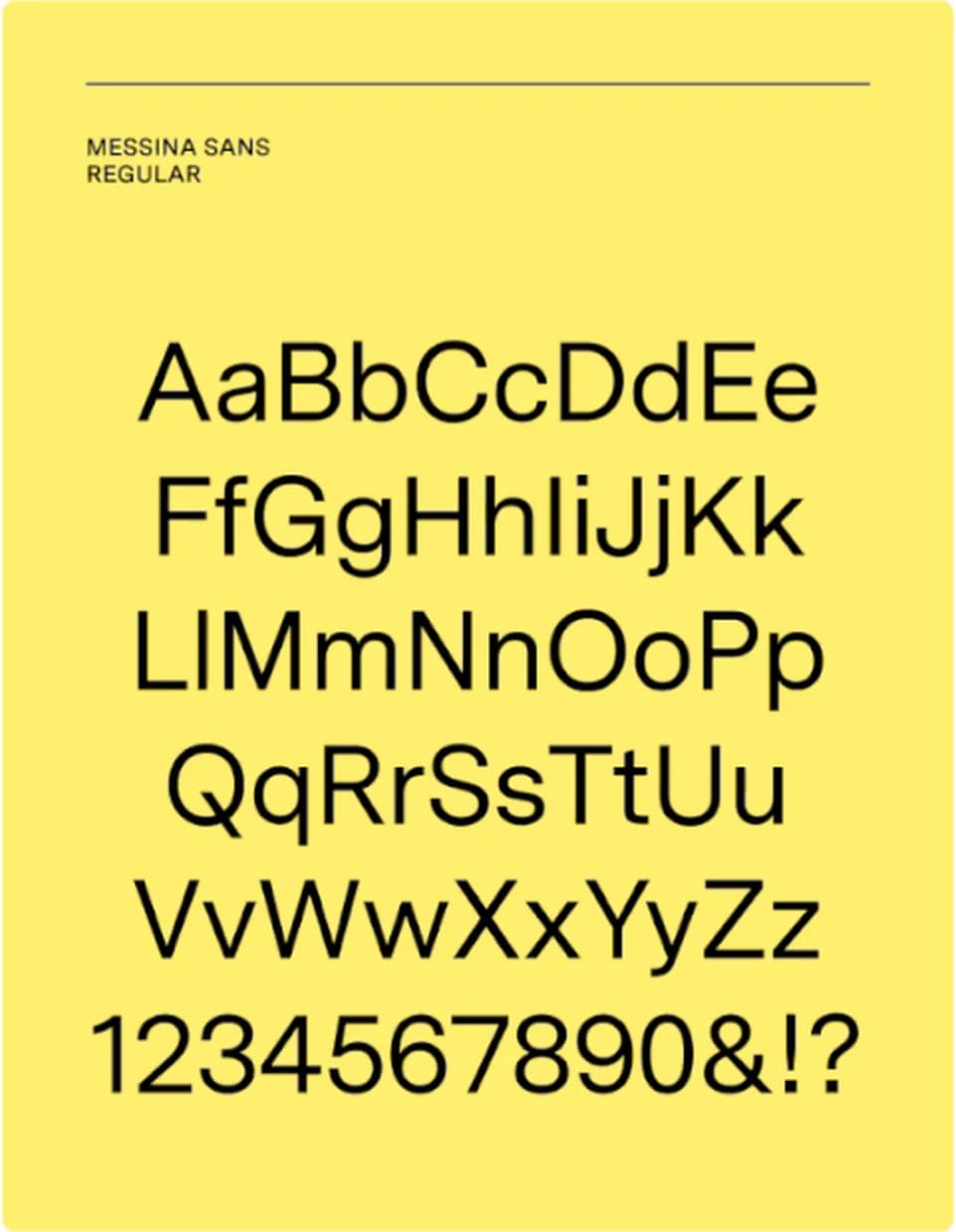 Type specimen: Messina Sans Regular, full alphabet and numerals