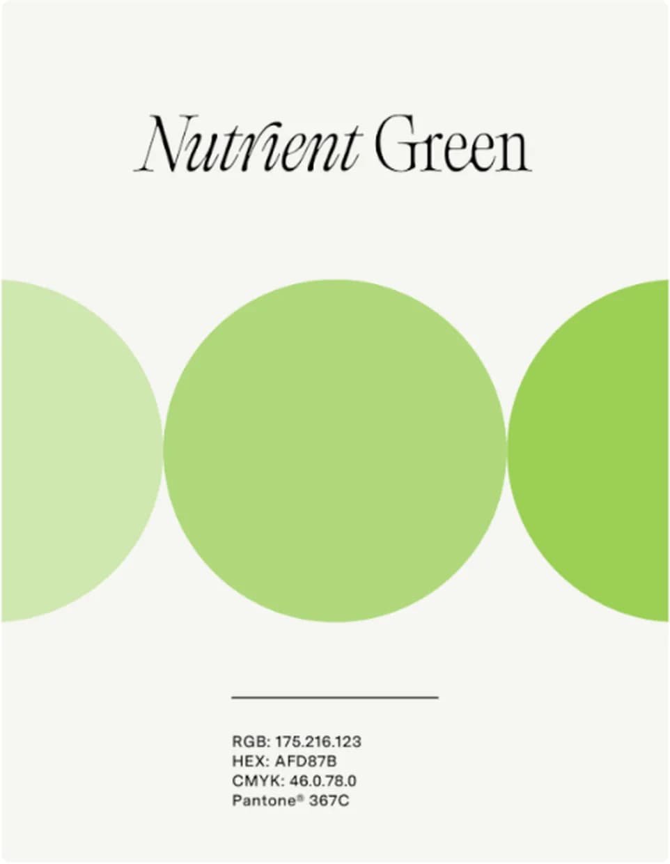 Colour specimen: Nutrient Green, with RGB, HEX, CMYK and Pantone values