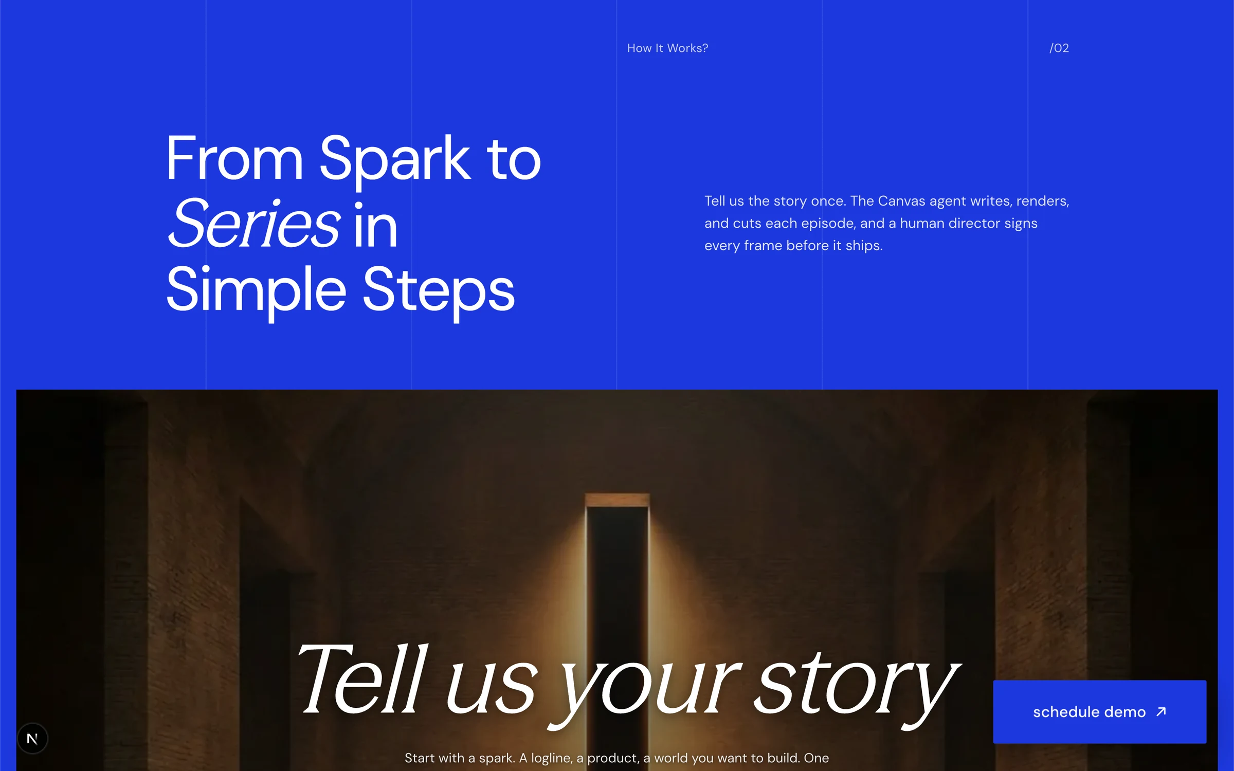 The /02 panel: a dark corridor opening onto a shaft of light, under the heading From Spark to Series in Simple Steps